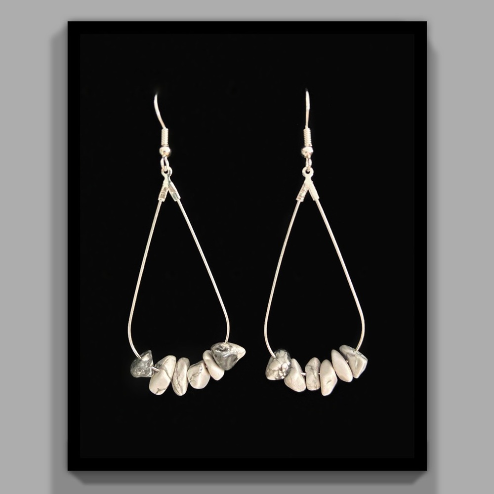 Silver Tear Drop Hoops with Howlite gemstones.